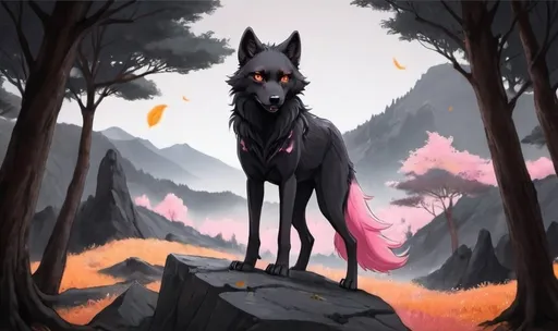 Prompt: A black mysterious wolf girl anime with pink hair and a pink and orange eye
