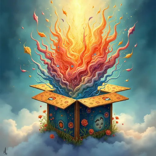 Prompt: A logo for a surrealism art exhibit using a box that shows how art can change your view on the world
