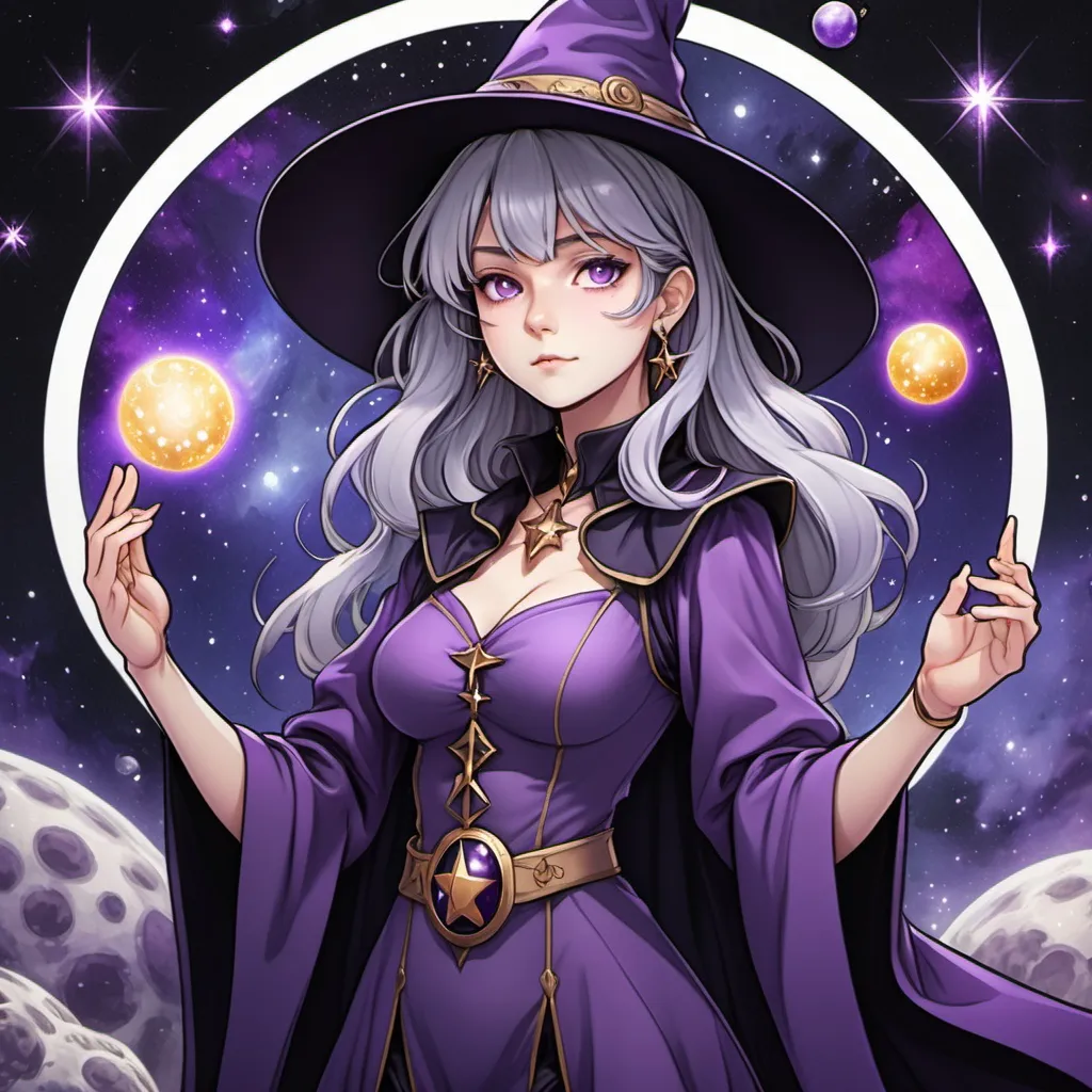 Prompt: tarot card Anime illustration, A young gray-haired witch, wearing a purple outfit with the galaxy on her clothes.