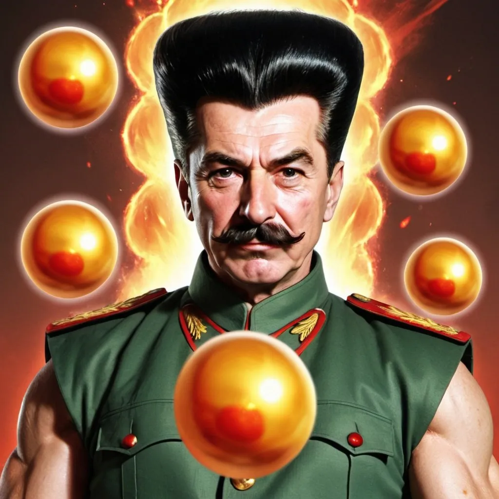 Prompt: Joseph stalin as a dragon ball character, buff, all 7 dragon balls 


