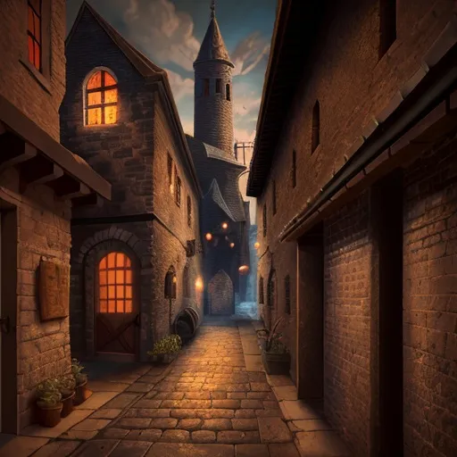 Prompt: medieval blacksmith building in alley, pov outside