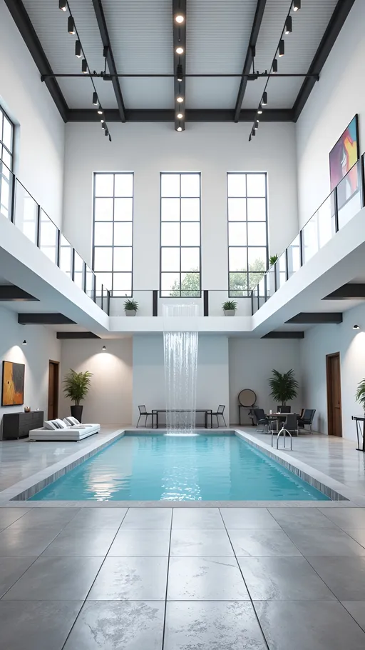 Prompt: Ultra-realistic 3D interior architectural visualization of a spacious, modern showroom inside a high-ceiling industrial-style building. The ground floor features large light grey ceramic tiles, clean white walls with bold black rectangular frames, and three tall full-height floor-to-ceiling glass windows providing abundant natural light. In the center of the ground floor, a 3x8 meter rectangular swimming pool filled with water is installed. A dramatic waterfall pours directly from the middle edge of the mezzanine floor into the central pool below. The mezzanine spans half the hall’s length, with transparent glass railings and small decorative shrubs. It houses a modern office, a kitchenette, and a sleek conference table. Around the main pool and partially on the mezzanine, various prefabricated pools and swimming pool equipment (pumps, filters, ladders, covers) are on display. The space is open, minimalistic, well-organized, and brightly lit with modern spotlights and green potted plants for added life. Interior view, vertical orientation (9:16), wide-angle lens, clean and modern style.

