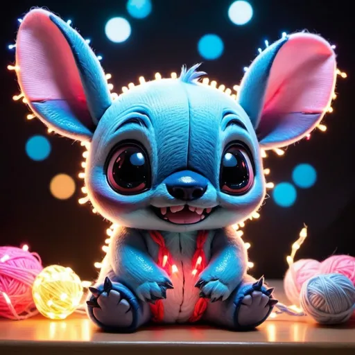 Prompt: un stitch realista kawaii con pelaje y de fondo luces neones 


