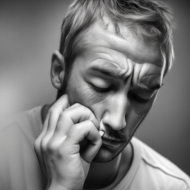 Prompt: A depressed person has tired and frowning facial features, showing a lack of concern for his personal appearance. His eyes may be dim and not sparkling, and he avoids looking directly at others. He may have a slanted posture or body, reflecting his feeling of frustration and fatigue.