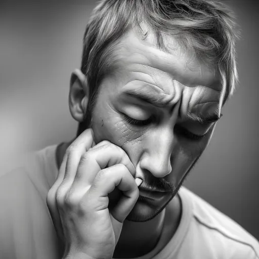 Prompt: A depressed person has tired and frowning facial features, showing a lack of concern for his personal appearance. His eyes may be dim and not sparkling, and he avoids looking directly at others. He may have a slanted posture or body, reflecting his feeling of frustration and fatigue.