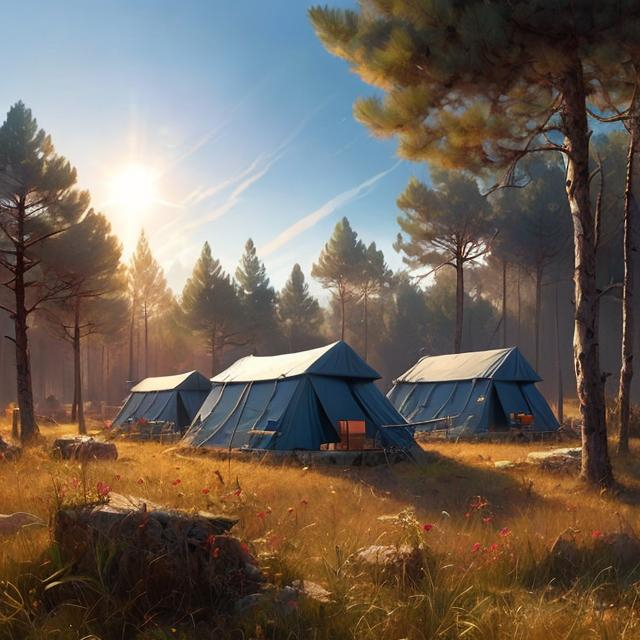 Prompt: rmy camp in a field near a pine forest, blue sky, sunny, detailed, volumetric, cinematic lighting, realistic, digital art by greg rukowski
