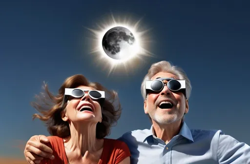 Prompt: All objects are very clear, not blurry. A realistic-looking couple in their fifties are wearing eclipse glasses with a look of great surprise on their faces. In the sky directly above them, the moon is completely covering the sun, an eclipse.