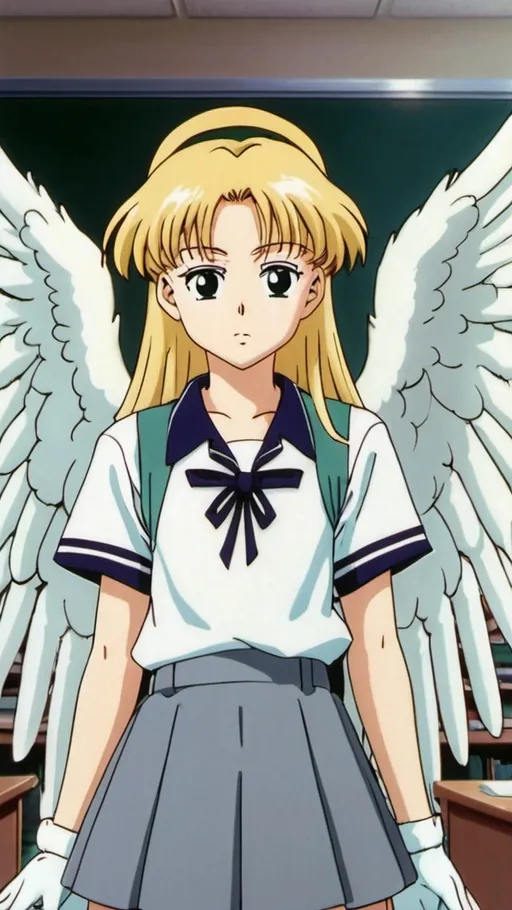 Prompt: 1tall blonde girl with angel wings in 1990s anime screencap, a school girl, anime scene