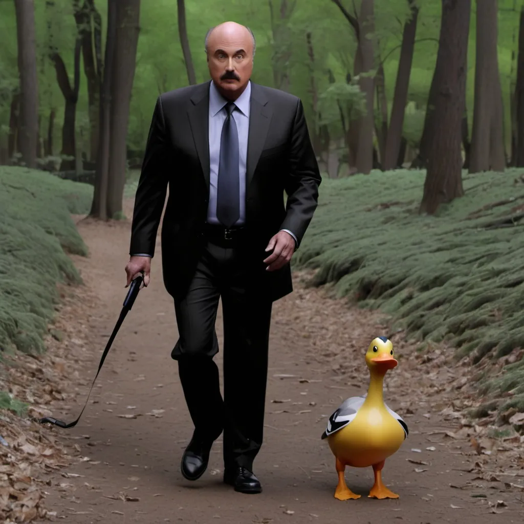 Prompt: Dr. Phil walks a duck through the woods
