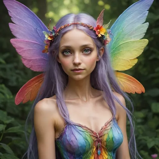 Prompt: faerie, wings, she is a different faerie than others, she have rainbow colors, she is a helper for humans