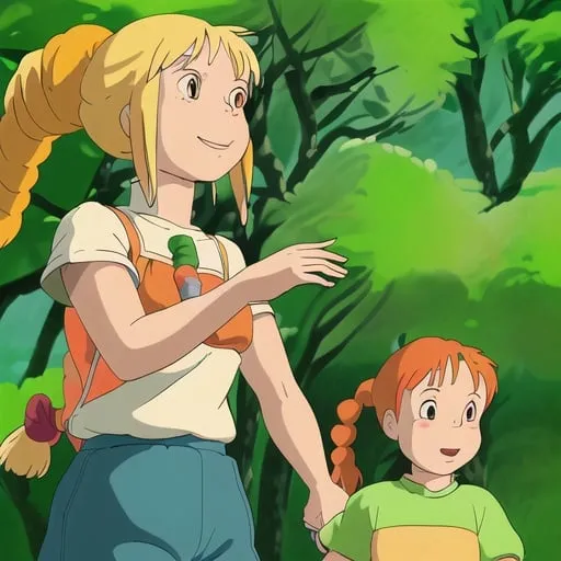 Prompt: Multicolored two braided hair with green and orange, girl, summer, carrot fog, blond haired girl with ponytail, happy go lucky, adventure, animal and nature lover, friendly, kind, compassion, sun, stuffed animal