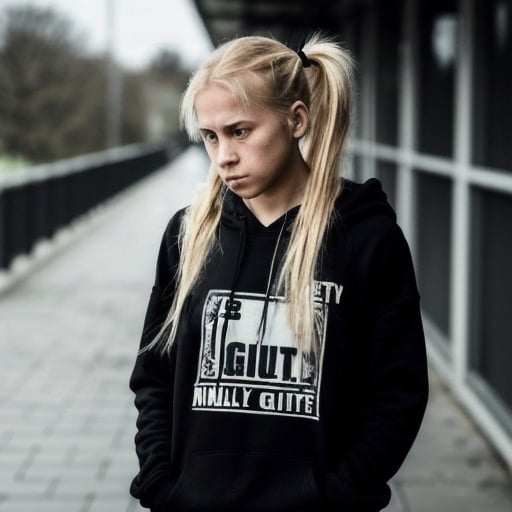 Prompt: Quiet girl struggling with social anxiety. Dirty blond hair. Ponytail. Loner. Alone. Black hoodie, black pants, socks. She looks a bit sad, but are strong and have a lot patience and strenght within herself. Mental health awarness