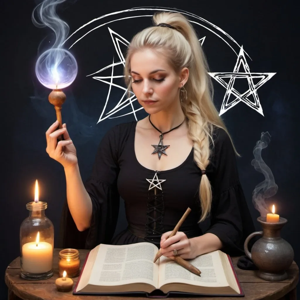Prompt: Blondhaired woman, ponytail, witch, potion, wand, spell, pentagram, eclectic witch, solidary witch, book of shadow, meditation