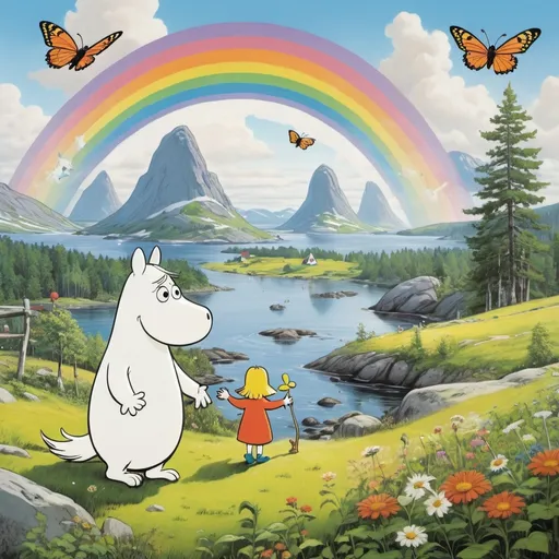 Prompt: moomin and his friend in norway, snufkin and little my and snorkmaiden, summer landscape, rainbow, butterflies. in background very far can see a little bit of the groke