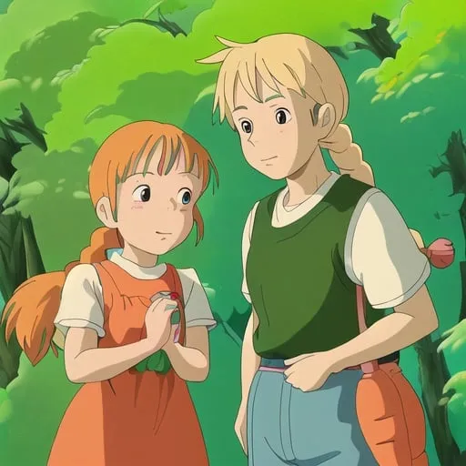 Prompt: Multicolored two braided hair with green and orange, girl, summer, carrot fog, blond haired girl with ponytail, happy go lucky, adventure, animal and nature lover, friendly, kind, compassion, sun, stuffed animal