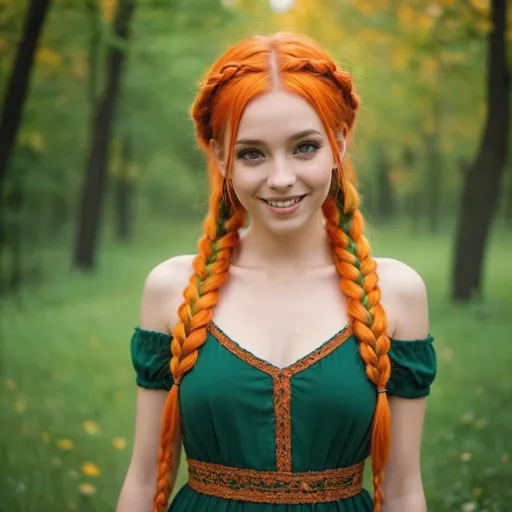 Prompt: Multicolored green and Orange hair, two braids,  happy go Lucky, she is wearing a beautiful dress and are a nature and animals loving human