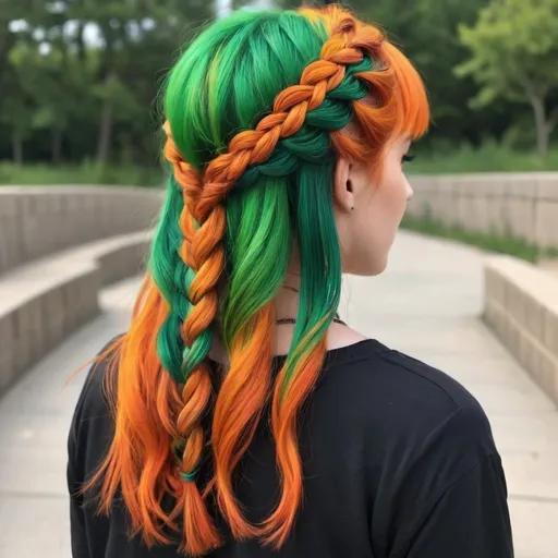 Prompt: multicolored green and orange hair, two braided, exploring the world, happy go lucky, loves to meet people, social butterfly, 