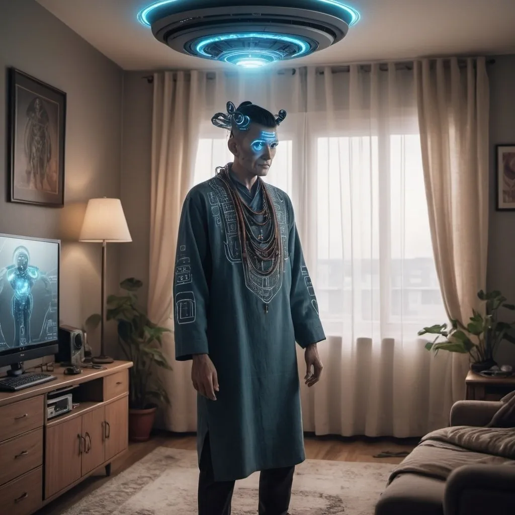 Prompt: A guy who is ai and shaman. He is not from this planet, but is a ai. He is artificial intelligence shaman, but he looks like a normal human being. Moment after his short circuits, an ufo is landing in this apartment.
