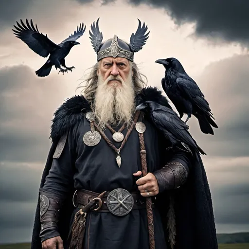 Prompt: Odin, norse mythology, norse god, paganism, wisdom, healing, wanderer, warrior,  shapeshifter, two ravens