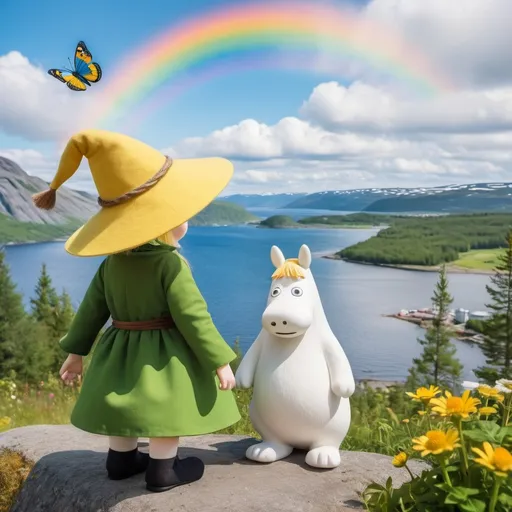 Prompt: moomin and his friend in norway, snufkin and little my and snorkmaiden, summer landscape, rainbow, butterflies. in background very far can see a little bit of the groke