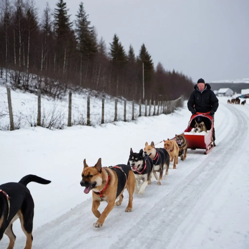 Prompt: Dog race in north of norway. Many people are watching. Snow. Cold. Many dogs. Dog sledge