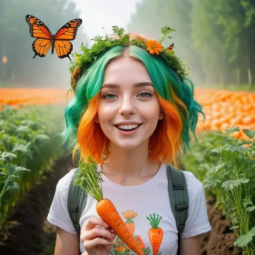 Prompt: Multicolored hair with green and orange, girl. She are standing in a carrotfog and eating carrots. Butterflies, summer, flowers. Friends, family and animals. Happy go lucky. Adventure. 