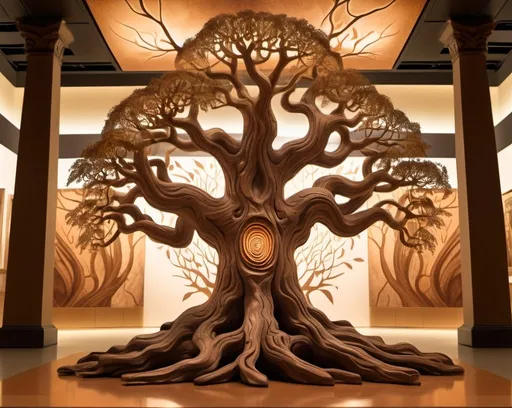 Prompt: Magical realism illustration of a wise tree in a museum, philosophical, warm earthy tones, soft lighting, detailed bark with subtle patterns, insightful gaze, mystical atmosphere, museum setting, reflective and contemplative, high quality, detailed, magical realism, philosophical, warm tones, surreal, detailed bark, mystical, museum setting, contemplative, atmospheric lighting