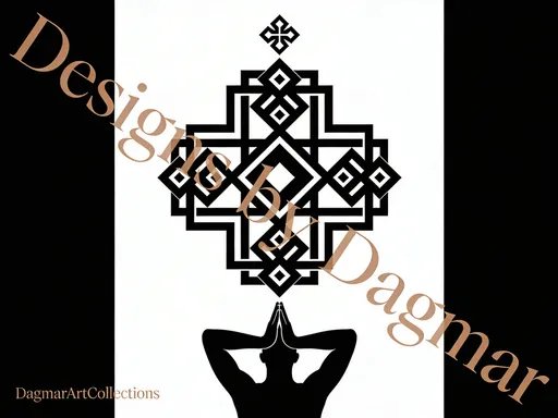 Prompt: This is a digital illustration in a black and white style, featuring a stylized, abstract design. At the center of the image is a complex geometric pattern resembling a cross with intricate, interlocking shapes. The pattern consists of a central diamond shape surrounded by smaller, symmetrical designs that resemble squares with additional geometric elements. This central design is topped by a smaller, simpler geometric pattern. The entire pattern is set against a white background and is rendered in solid black.
Below the geometric pattern, there is a simplified, black silhouette of a human figure with two arms raised and bent at the elbows, hands clasped together in a prayer-like gesture. The figure's arms and hands are the only parts visible, and it is centered directly beneath the geometric pattern.
The words "Designs by Dagmar" are diagonally superimposed over the image in a light brown, semi-transparent font, with the text running from the top left to the bottom right. In the bottom left corner, the text "DagmarArtCollections" is written in a smaller, light brown font. The overall style of the illustration is minimalist and abstract, focusing on symmetry and geometric precision.