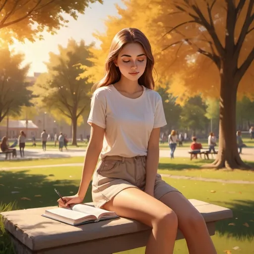 Prompt: College girl studying in a park, casual attire, open-legged posture, natural surroundings, warm sunlight, high quality, digital painting, casual style, warm tones, peaceful atmosphere