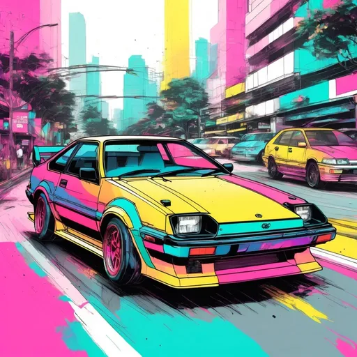 Prompt: Toyota ae86 in ayala avenue, makati, vibrant inkpunk style photo of a sports car