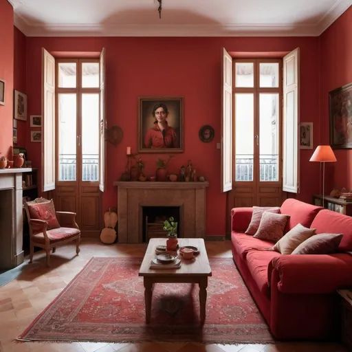 Prompt: Interior of a traditional spanish apartment in madrid with and muted and warm red accents, slightly bohemian writer artist themed