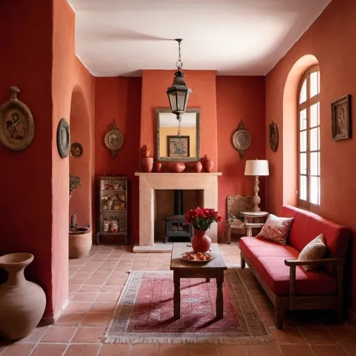 Prompt: Interior of a traditional spanish house with and muted and warm red accents