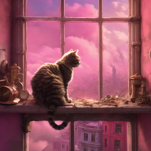 Prompt: A cat lying down on a pile of scrap  asleep on a window sill while watching the Steampunk City on the pink clouds come to life, master piece 