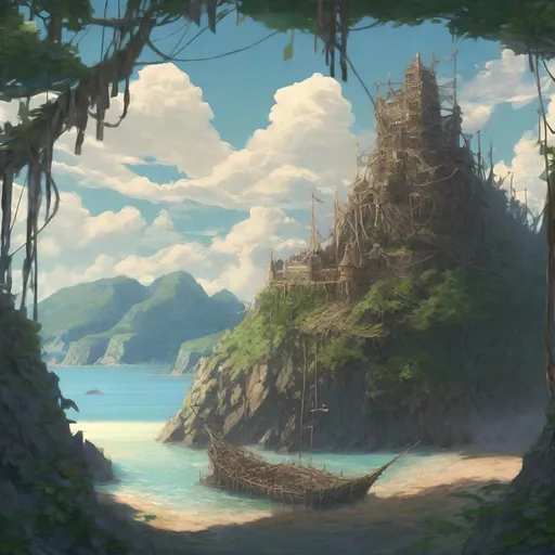 Prompt: a quaint castle of ropes and logs sitting on a temperate bay next to a mysterious  island, anime