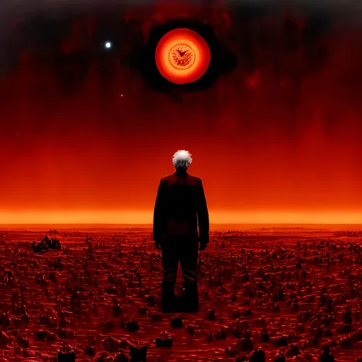 Prompt: an art piece with a lonely man in a sea of blood staring at the horizon of black mass planets collapsing, 