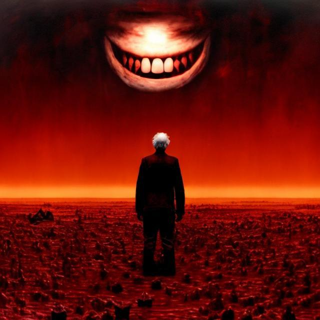 Prompt: a terrifying, realistic smile in the sun as it bleeds  with other smiling planets behind it 