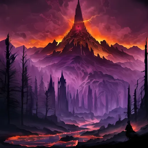 Prompt: (breathtaking vibrant landscape), dead tree woods (a single fiery river) cascading down rugged mountains, (gigantic dead fire titan arm for a spire holding a massive cathedral) reaching into the sky, that gigantic dead fire titan's arm as foreground, dramatic lighting illuminating the fire, eerie and surreal ambiance, smoke curling around the scene, (4K ultra-detailed), vibrant saturation of fiery colors blended with dark earthy tones, mystical atmosphere, sense of grandeur and desolation. But through the flames purple lush gardens with cathedral-like houses  protected by briars conquer the lakes, wide landscape shot