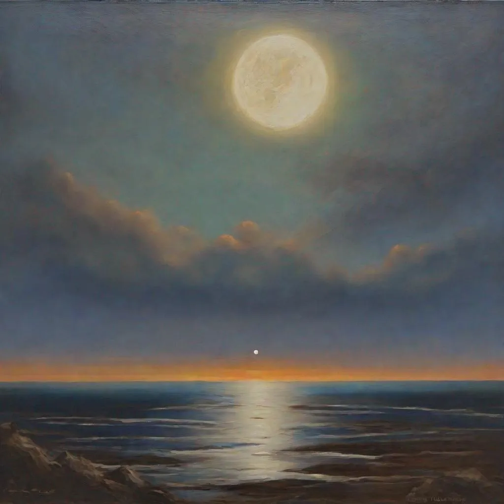 Prompt: The earth's horizon the moon has an Erie smile across their surfaces, a oil art