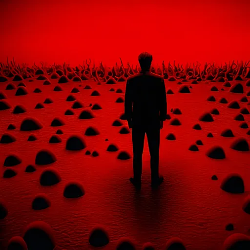 Prompt: an art piece with a lonely man in a sea of blood staring at the horizon of black masses collapsing, black and white 