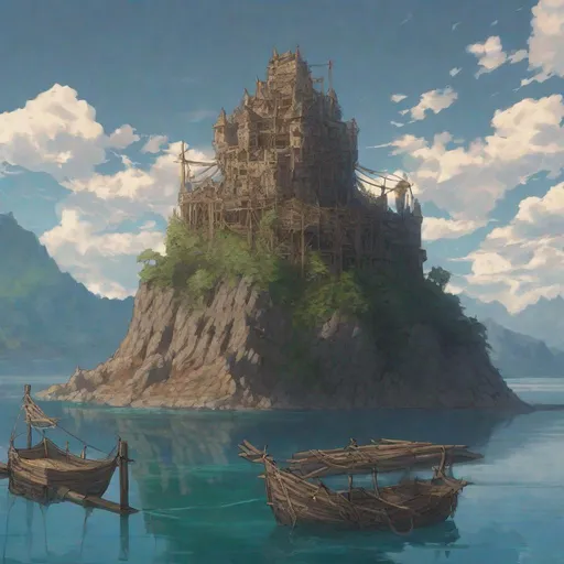 Prompt: a quaint castle of ropes and logs sitting on a temperate bay next to a mysterious  island, anime