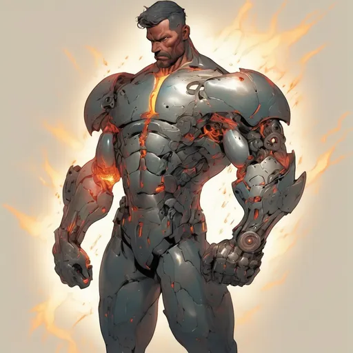 Prompt: renaissance man fused with a furnace in his body and an arm made of fused gun steel, superhero 
