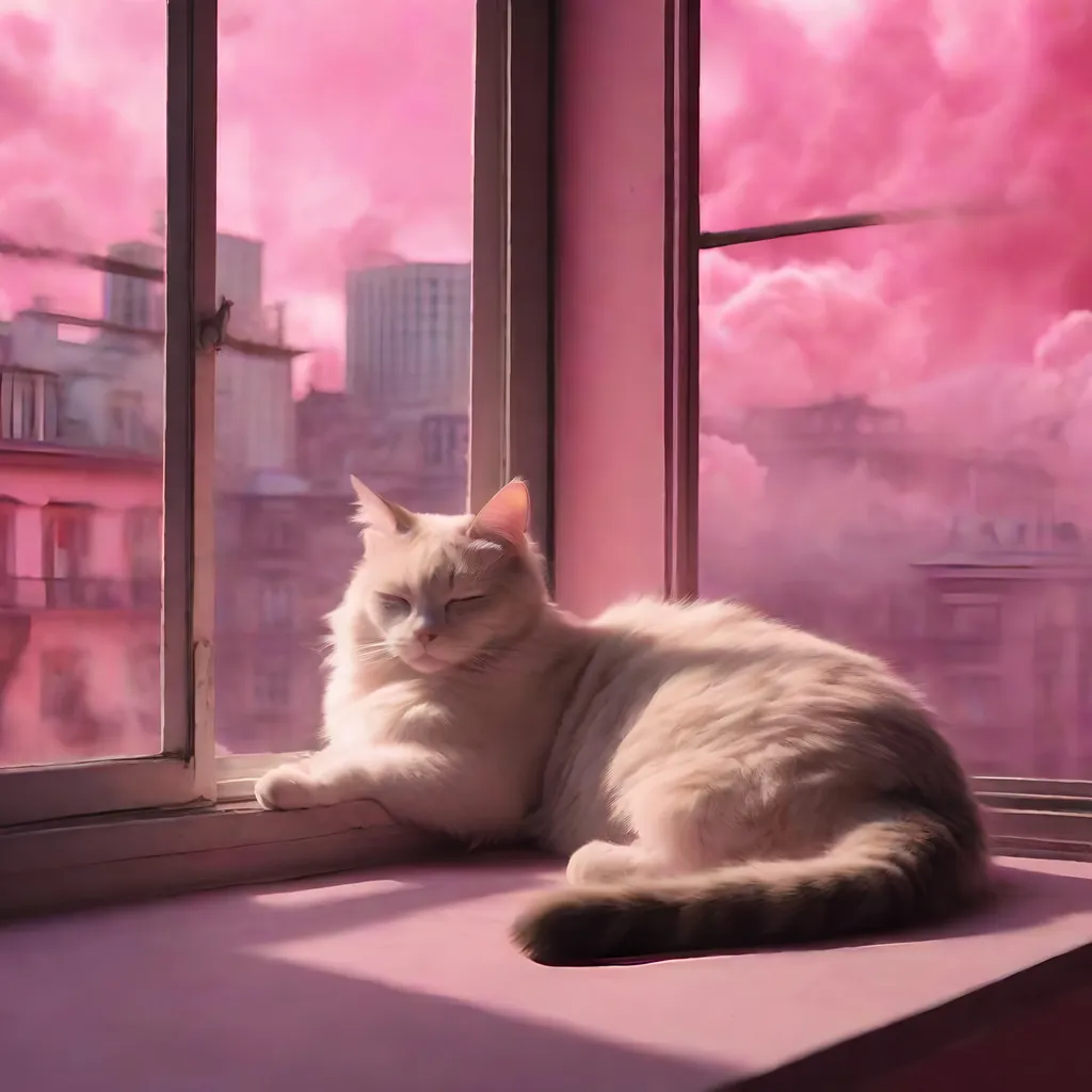 Prompt: a cat laying down asleep on a window sill while watching the Steam City on the pink clouds come to life