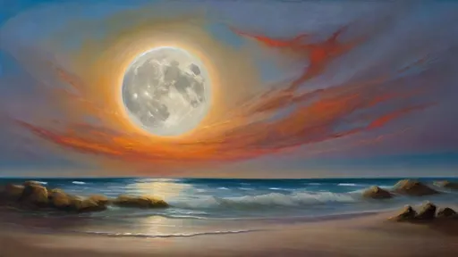 Prompt: The earth's horizon the moon has an Erie smile across its surface, oil art