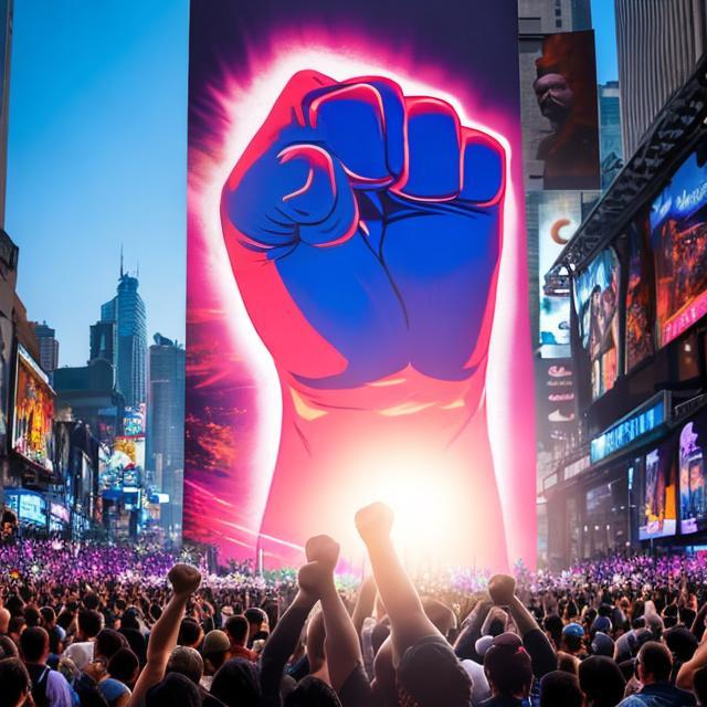 Prompt: The manly hero's fist shining a brilliant blue stayed tightly clenched up in the air as a sign of rebellion, the desperate crowd in the millions also held their fists up in unity, all on a billboard above a dying city of dreams, a masterpiece. 