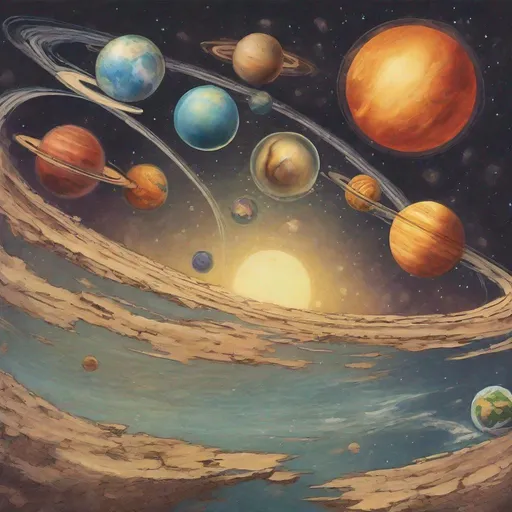 Prompt: The earths horizon collapses as all 8 planets clash with Erie smiles across their surfaces into the earth, masterpiece