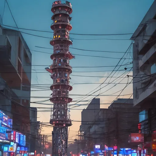 Prompt: a lone massive skinny tower of metal filled with housing holes with a billboard of a hero god at the top at night, colorful, surrounded by scrambled hole in wall stores