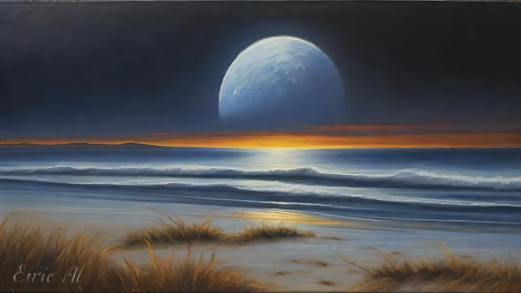 Prompt: The earth's horizon the moon has an Erie smile across its surface, oil art