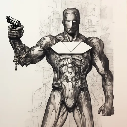 Prompt: renaissance man in ink drawing fused with a furnace in his body and an arm made of fused gun steel, superhero 
