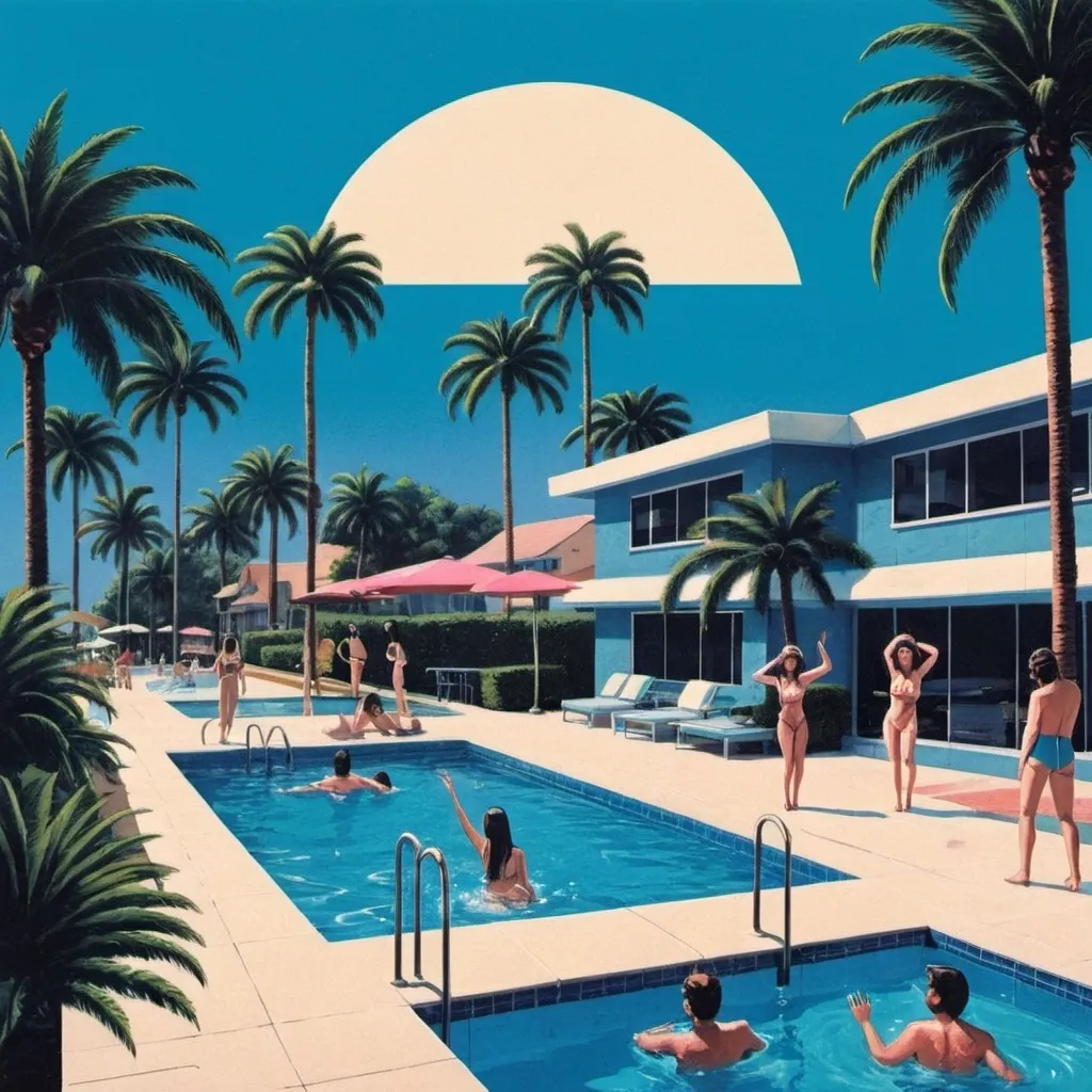 Prompt: A city pop album cover  style illustration with a pool and palm trees with people swimming and partying in the pool and outside there