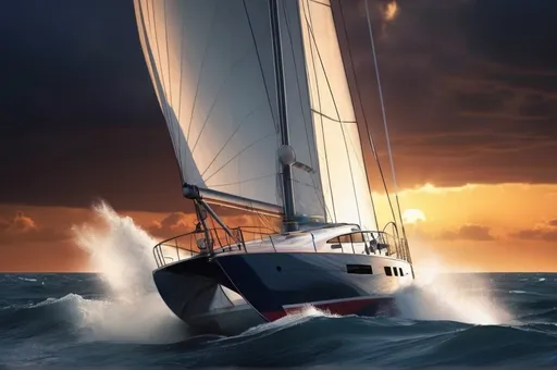 Prompt: Luxury yacht sailing in open sea,  serene sailing at sunset in a dramatic ocean race  crashing waves, with a stormy with thunder scenes.